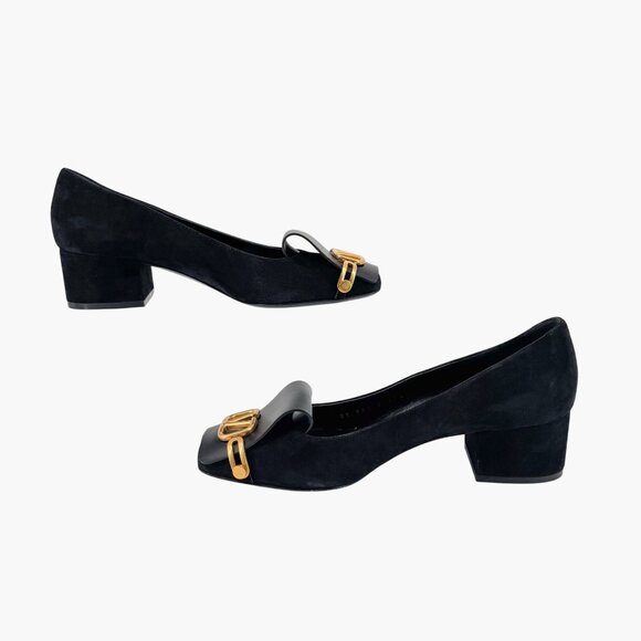 Valentino VLogo Black Suede Leather Block Heel Pumps Shoes Size 38.5 US 8.5 - Picture 10 of 15
